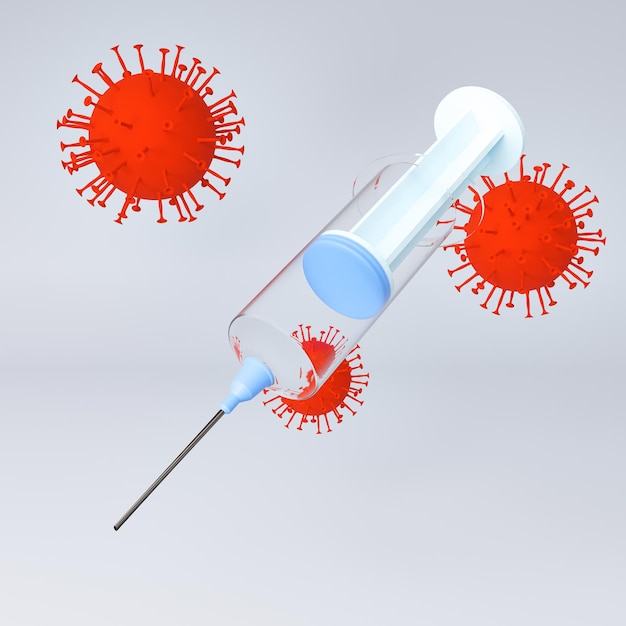 Rendu 3D de la seringue et du coronavirus utile pour le commerce électronique ou les achats en ligne