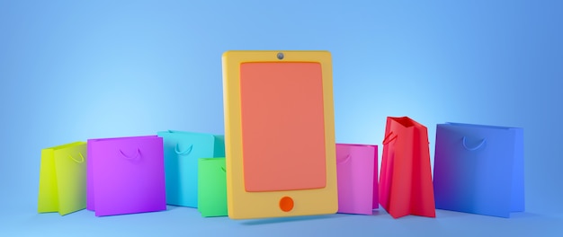 Rendu 3D d'un smartphone orange avec des sacs colorés isolés sur une bannière de fond bleu