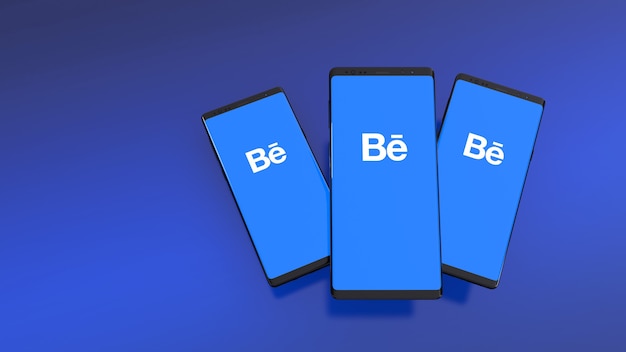 Rendu 3D de smartphones avec logo Behance à l'écran