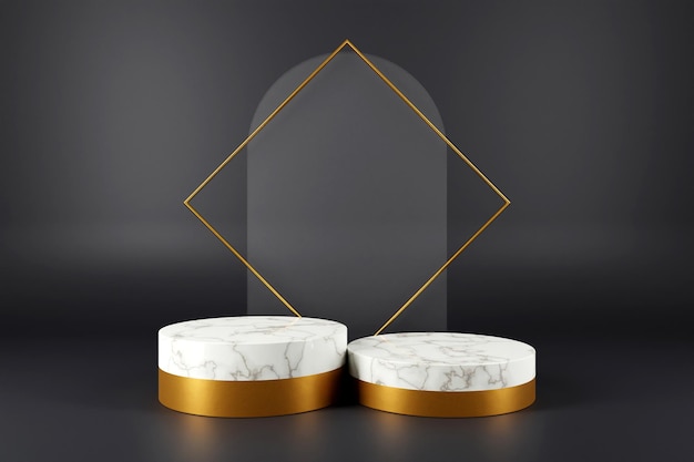 Rendu 3d de socle en marbre blanc et or sur fond noir avec concept minimal abstrait