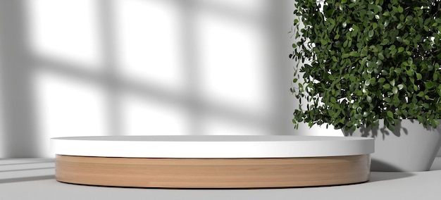 Rendu 3D d'un socle rond pour la publicité du produit Une plante verte à côté
