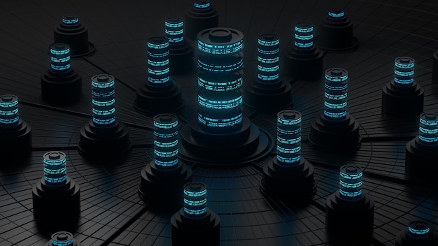 Rendu 3d sombre du concept de stockage abstrait. Traitement de serveur ou de centralisation des données.