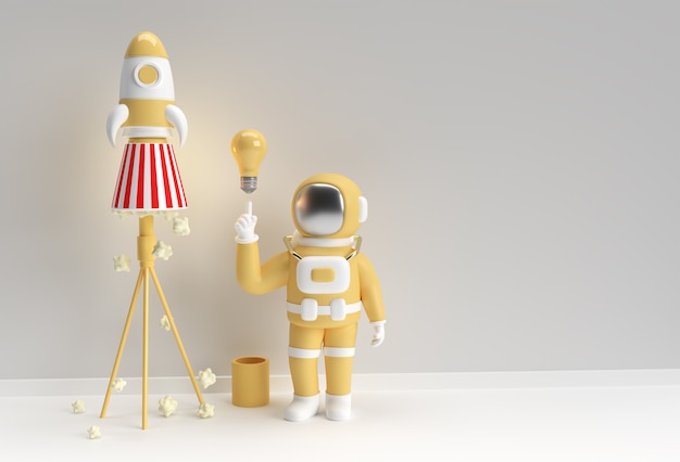 Rendu 3D Spaceman Astronaut Hand Pointing Finger Light idée Ampoule Geste avec illustration 3d de fusée spatiale Conception.