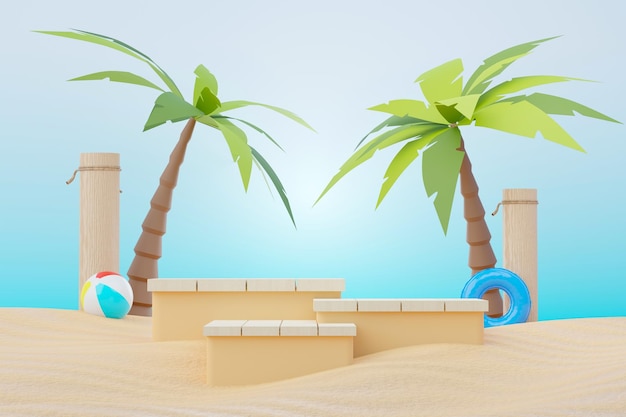 Rendu 3d Stand de podium de vente d'été pour montrer le produit Scène de vacances à la plage en été pour maquette