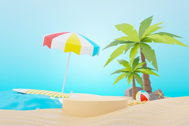 Rendu 3d Stand de podium de vente d'été pour montrer le produit Scène de vacances à la plage en été pour maquette