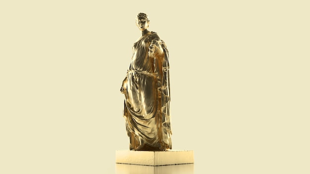 Rendu 3d d'une statue d'or pleine longueur dans un manteau sur fond jaune pastel