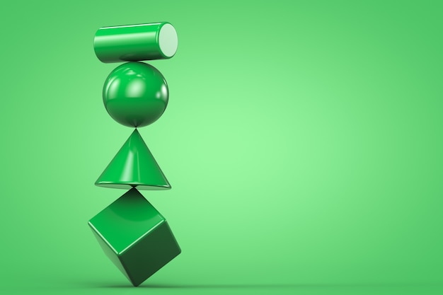 Photo rendu 3d structure d'équilibrage instable verte avec des formes géométriques sur fond vert