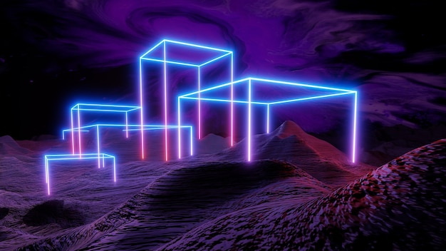 Photo rendu 3d de style cyberpunk de paysage de science-fiction, univers fantastique et fond de nuage de galaxie.