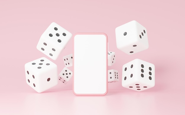 rendu 3d style minimal de dés blancs flottant et smartphone avec écran tactile blanc ou blanc pour les jeux publicitaires, jouant sur fond pastel rose. Concept de modèle de composition