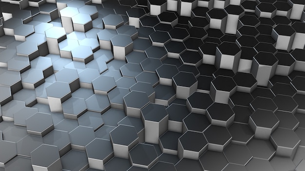 Rendu 3D de surfaces en aluminium géométriques hexagonales abstraites dans l'espace virtuel