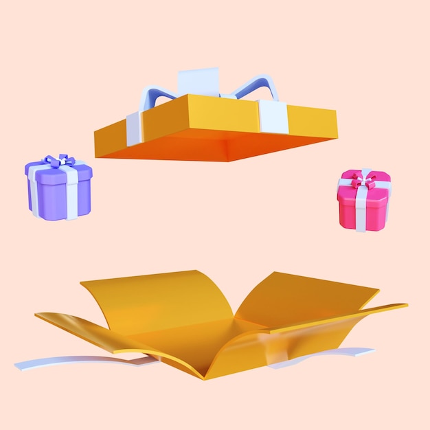 Rendu 3d de la surprise d'une boîte-cadeau ouverte, gagnez un concept de point, programme de fidélité et obtenez des récompenses