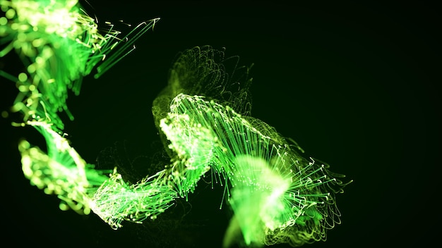 Rendu 3D d'un système abstrait coloré de particules et de plexus sur fond sombre