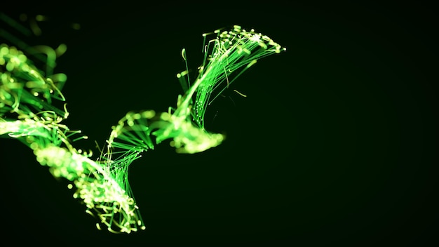 Rendu 3D d'un système abstrait coloré de particules et de plexus sur fond sombre