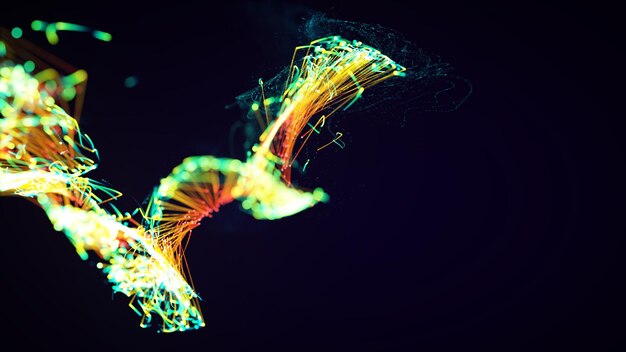 Rendu 3D d'un système abstrait coloré de particules et de plexus sur fond sombre