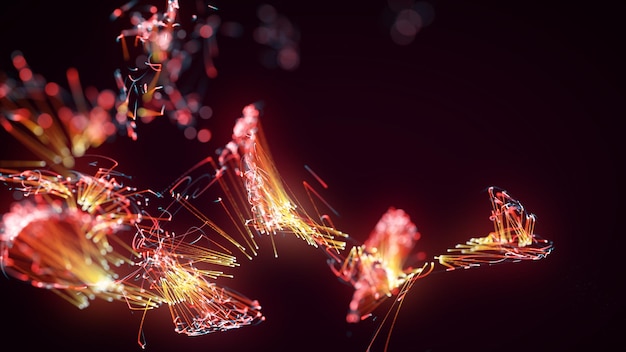 Rendu 3D d'un système abstrait coloré de particules et de plexus sur fond sombre