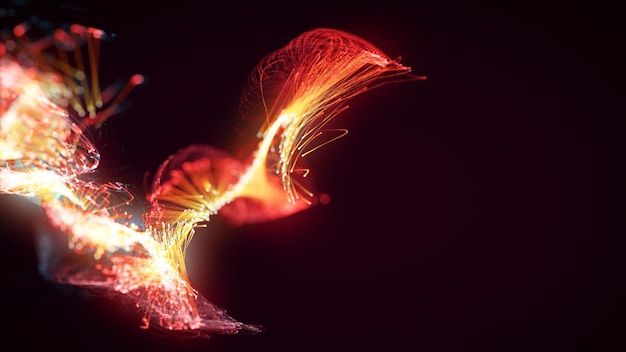Rendu 3D d'un système abstrait coloré de particules et de plexus sur fond sombre