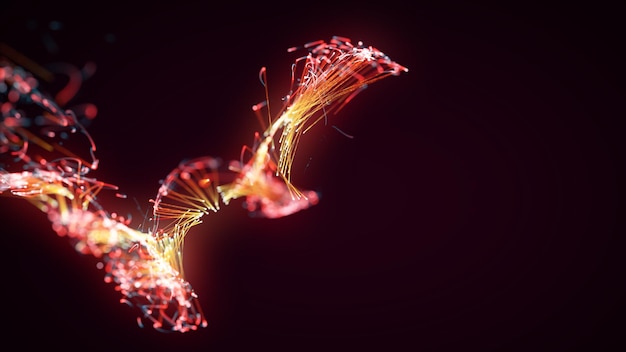 Rendu 3D d'un système abstrait coloré de particules et de plexus sur fond sombre