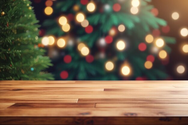 Rendu 3D d'une table en bois sur un fond d'arbre de Noël défocalisé
