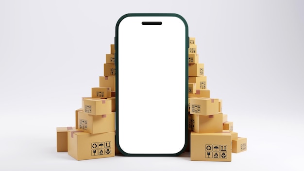 Rendu 3D de tas de boîtes en carton et symbole d'entreprise en ligne smartphone