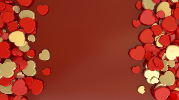 Le rendu 3D d'un tas de coeurs dorés et rouges sur fond rouge foncé