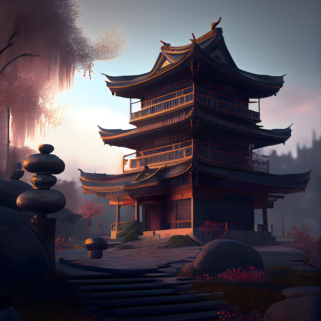 Rendu 3D d'un temple chinois dans un style fantastique sur fond sombre