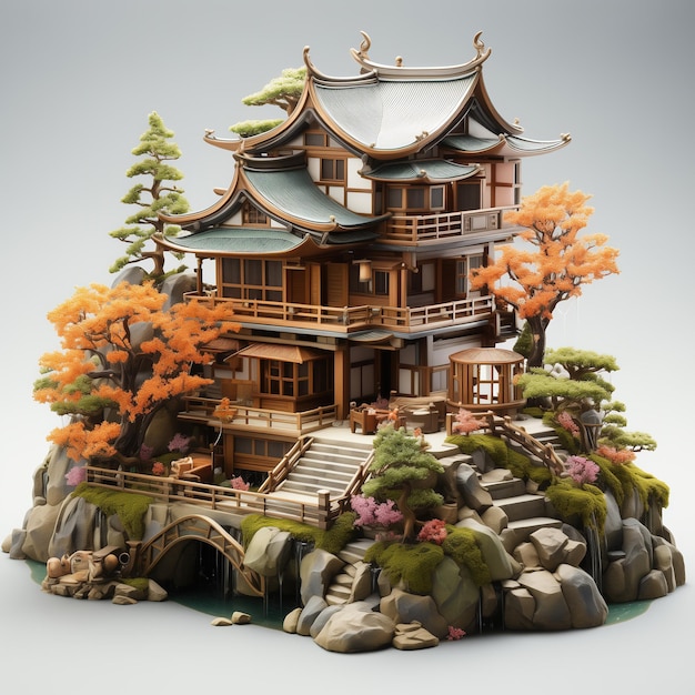 Rendu 3D d'un temple japonais en miniature sur fond gris