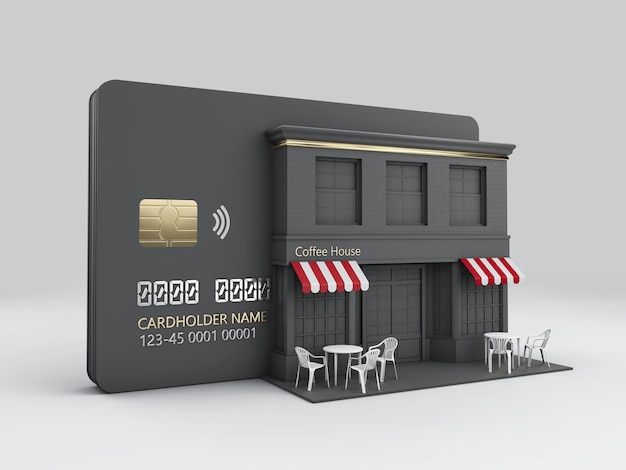 Rendu 3D de la terrasse du café avec carte bancaire, chemin de détourage inclus.