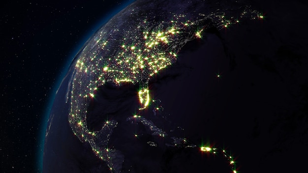 Rendu 3D de la Terre depuis l'espace sur fond de ciel étoilé