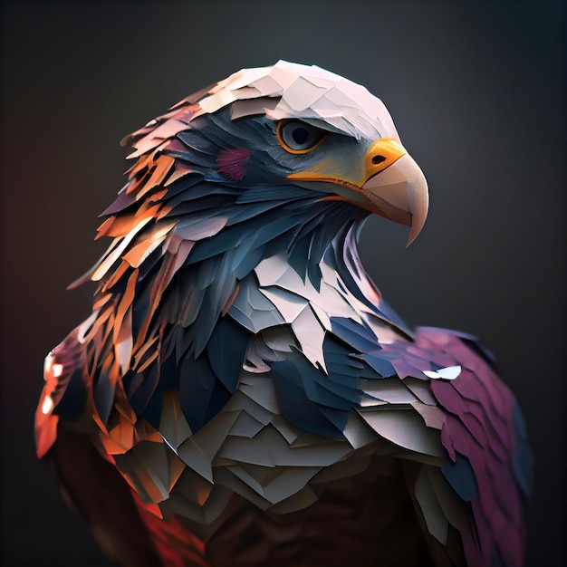 Rendu 3D d'une tête d'aigle en papier polygonal