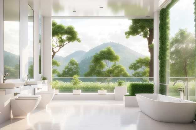 Rendu 3D de toilettes propres et blanches avec vue sur la nature