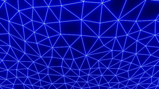 Rendu 3D triangle filaire bleu low poly sur fond noir, hébergement, internet, serveurs web, données