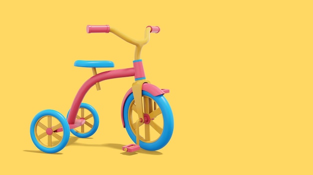 Rendu 3d Tricycle multicolore sur fond jaune avec un espace réservé au texte Véhicule