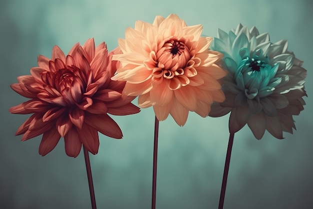 Rendu 3D de trois fleurs avec une esthétique vintage Generative AI