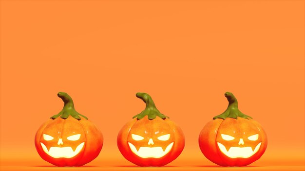 Rendu 3d de Trois lumières de citrouille sur scène orange Halloween et thème de fête