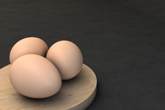 Rendu 3d de trois œufs de poule sur une planche de bois ronde sur fond noir.