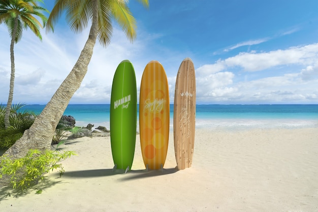 Rendu 3D de trois planches de surf colorées sur une plage tropicale