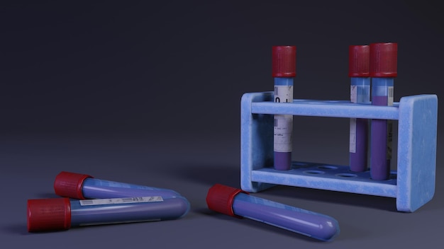 Rendu 3D avec des tubes à essai de flacons médicaux pour analyse. Illustration de concept médical pour les conceptions