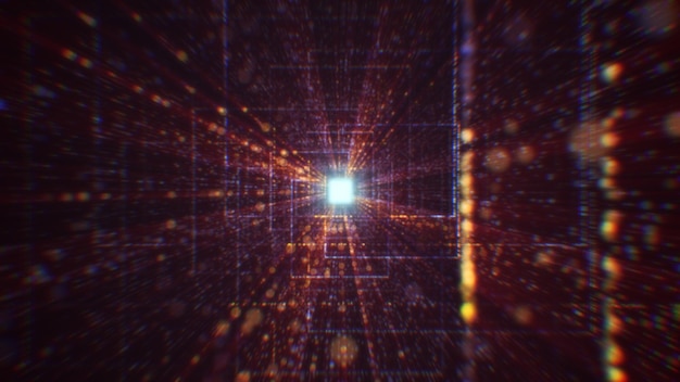 Rendu 3D d'un tunnel numérique abstrait dans le cyberespace fait de particules