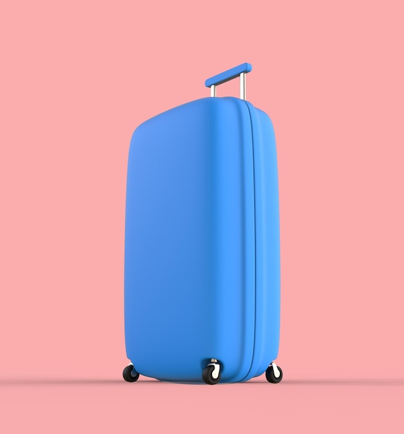 Rendu 3D d'une valise bleue sur fond rose