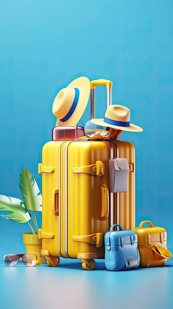 Rendu 3D de valise jaune avec accessoires de plage sur fond bleu vacances été