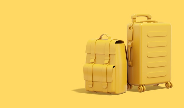 Rendu 3d Valise jaune et sac à dos touristique sur fond jaune avec place pour le texte