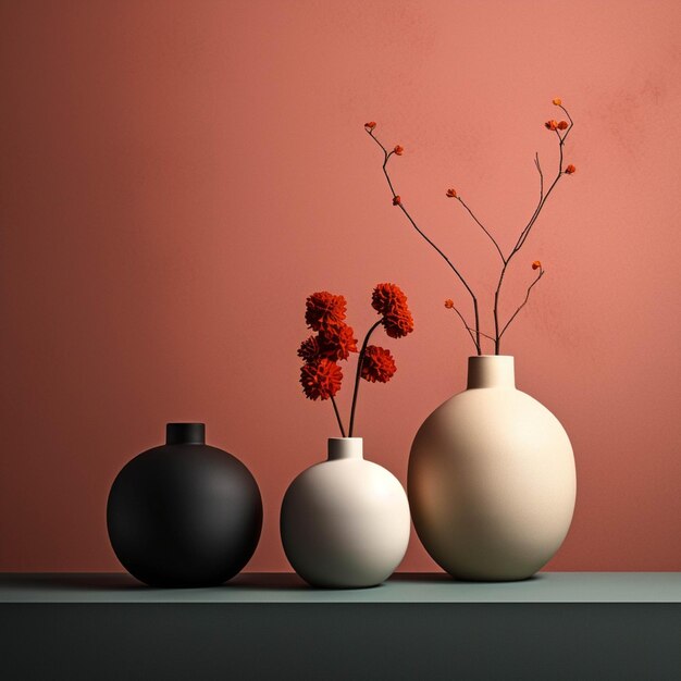 Rendu 3D de vases avec des fleurs sur le fond du mur