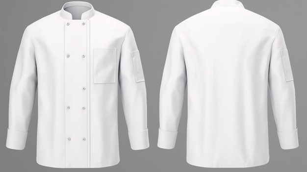Un rendu 3D d'une veste de chef blanche blanche avec des boutons solitaires dans un restaurant vide est présenté en vue frontale