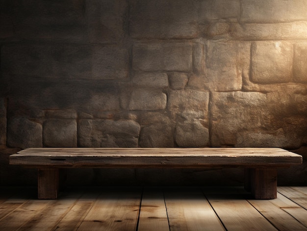 Rendu 3D d'une vieille table en bois sur un fond de mur grunge avec du bois de planche vide de projecteur