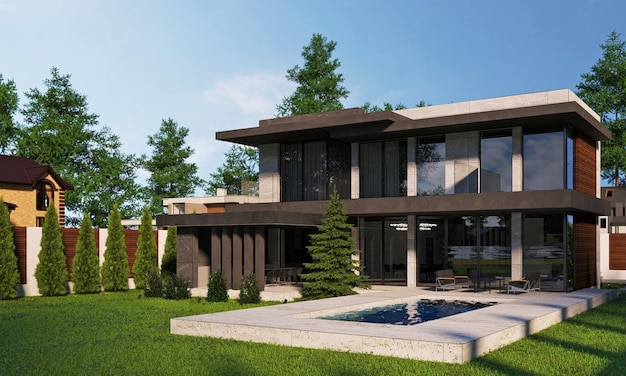 Rendu 3D d'une villa moderne à flanc de colline. Villa avec fenêtres panoramiques et piscine