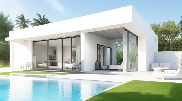 Rendu 3D d'une villa moderne originale avec piscine