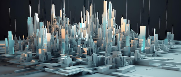 Un rendu 3D d'une ville avec un bâtiment bleu et blanc.