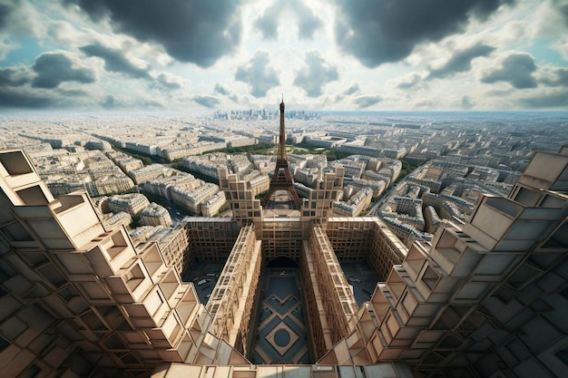 Un rendu 3D d'une ville avec un fond de ciel