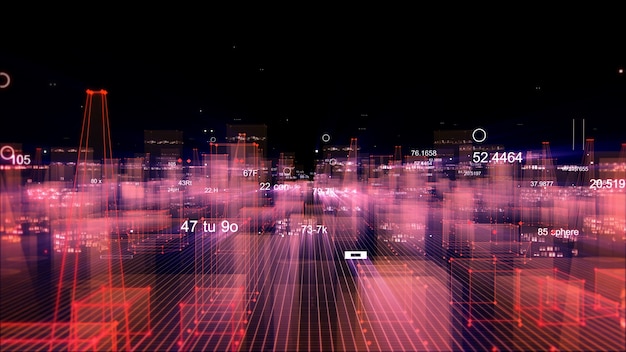 Rendu 3D ville numérique technologique abstraite à partir de données dans le cyberespace, stockage d'informations dans l'espace d'information