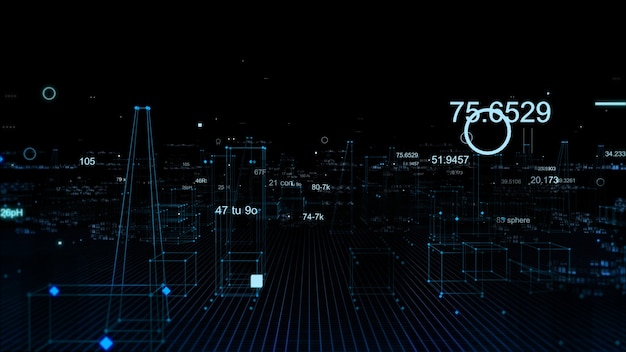 Rendu 3D ville numérique technologique abstraite à partir de données dans le cyberespace, stockage d'informations dans l'espace d'information